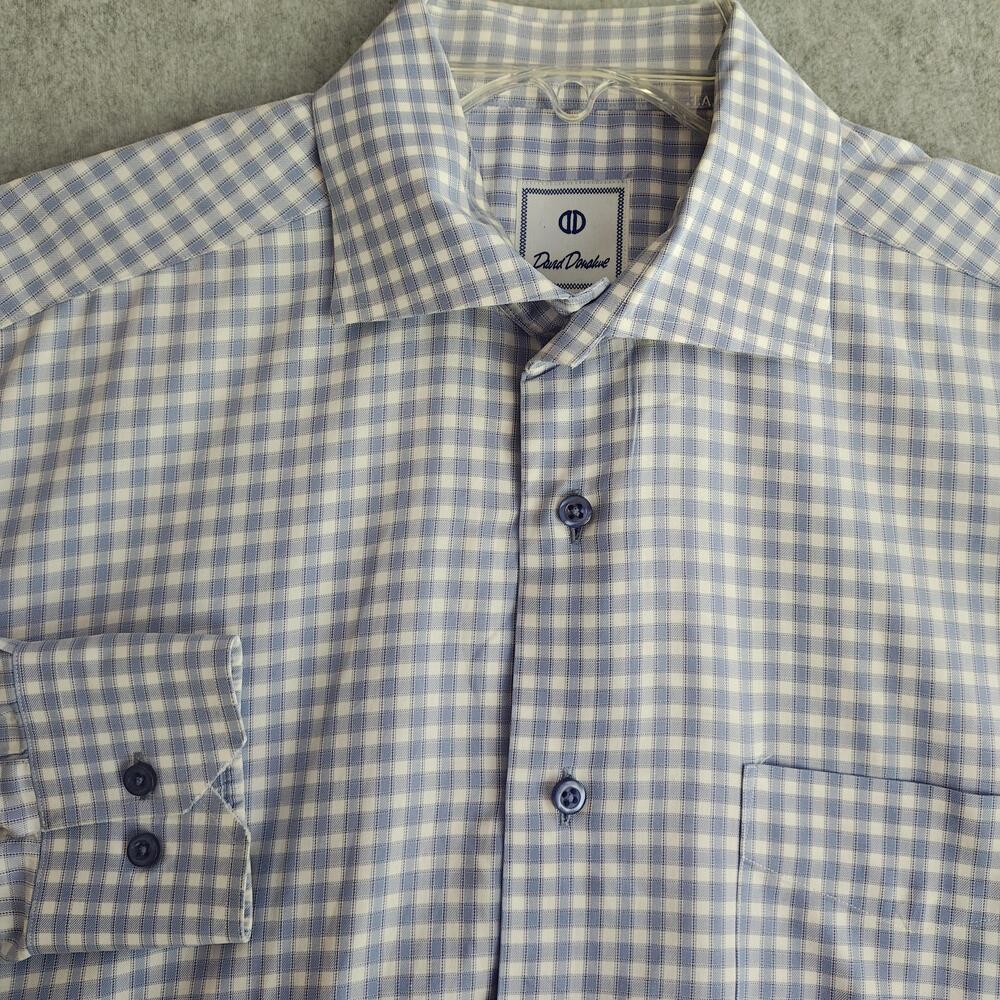 David Donahue Dress Shirt Mens L Blue Gingham Classic Fit Long Sleeve Business